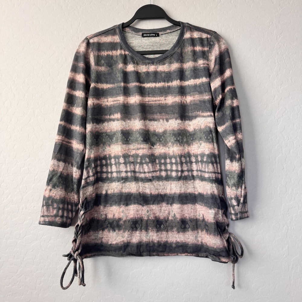 David Cline Tie Dye Tunic Top Lace‎ Up Sides Long Sleeve Gray Pink Size L